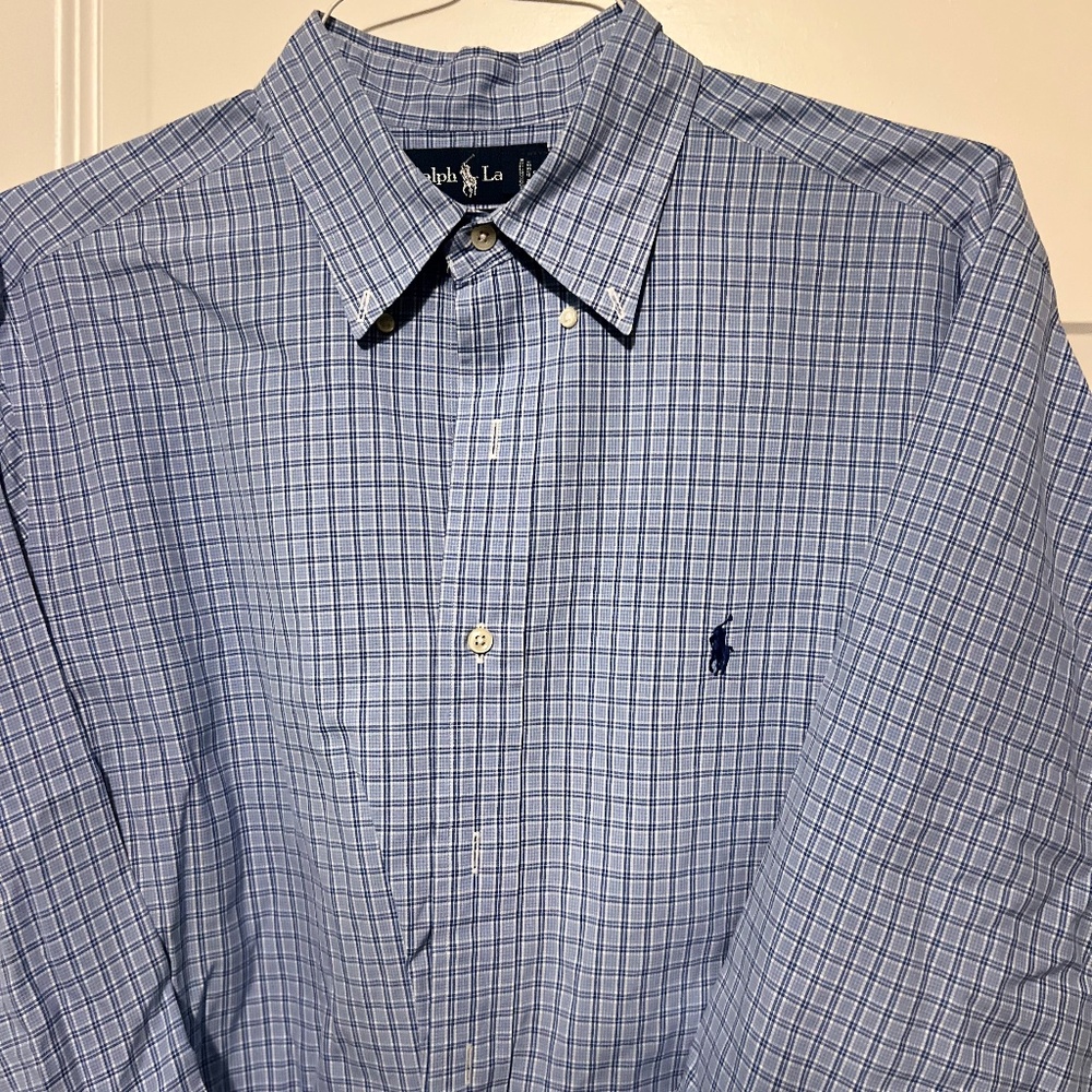 Blue Herringbone Polo Button Down Large Dress Shi… - image 1